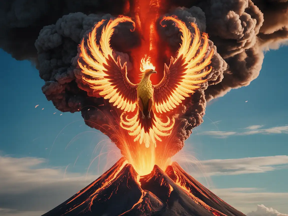A majestic phoenix rising from a vibrant volcanic eruption, with flames curling around its powerful wings, surrounded by swirling ash particles.  