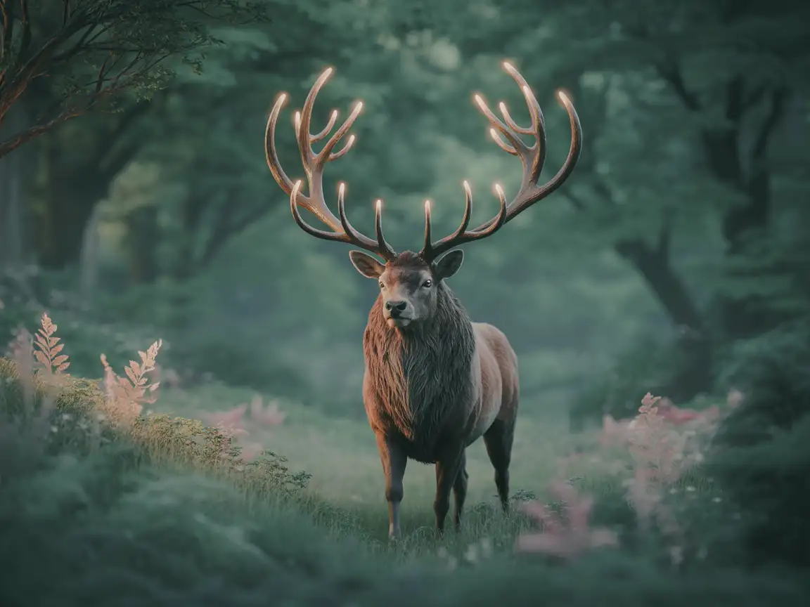 A giant stag creature serving as the forest guardian, with glowing ethereal antlers and detailed fur texture. 