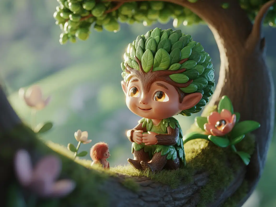 A tiny tree spirit with leafy arms and glowing eyes, sitting peacefully on a mossy log.