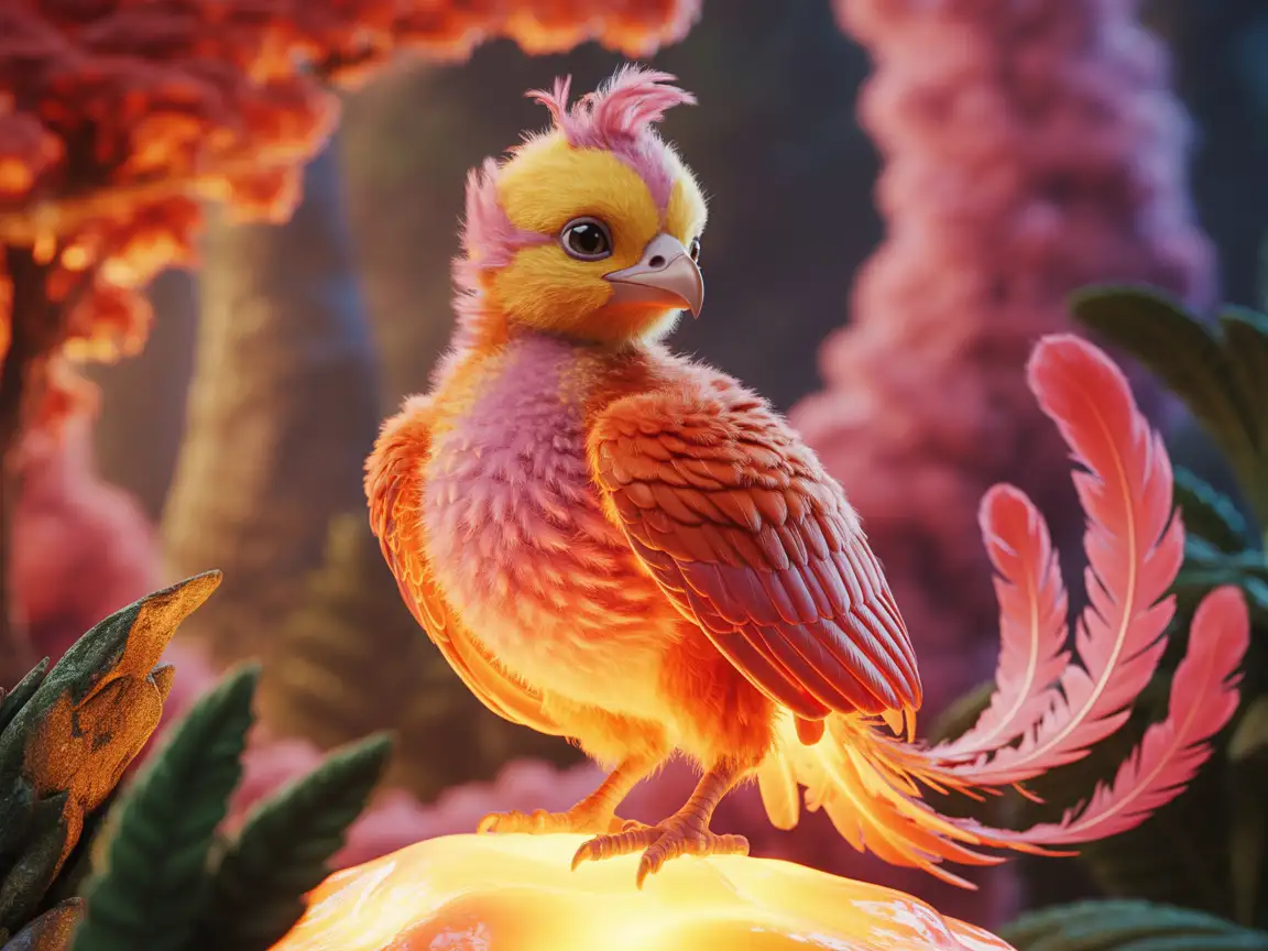 A baby phoenix with fluffy, vibrant orange and pink feathers perched on a glowing rock, surrounded by a softly illuminated, enchanted forest background.