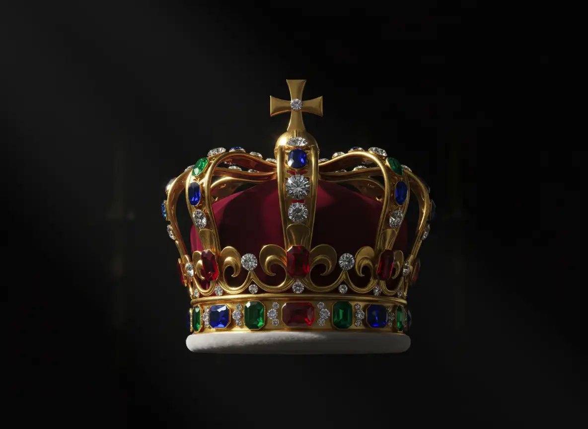 Роскошная золотая корона с детализированными драгоценными камнями, королевский стиль, драматическое освещение, темный фон, реалистичная 3D-иллюстрация