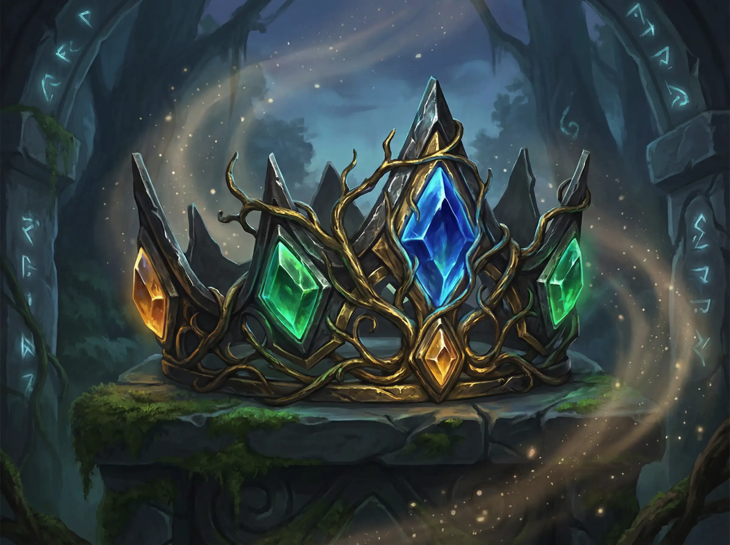 Мифическая фантастическая корона с сияющими кристаллами, древний металл, магическая атмосфера, эпическая иллюстрация