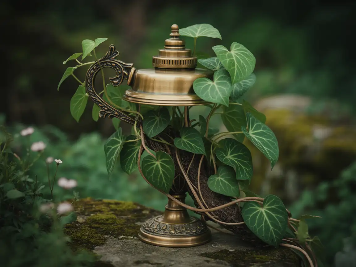 A lamp growing real leaves like a plant, surreal cursed design, lifelike details.