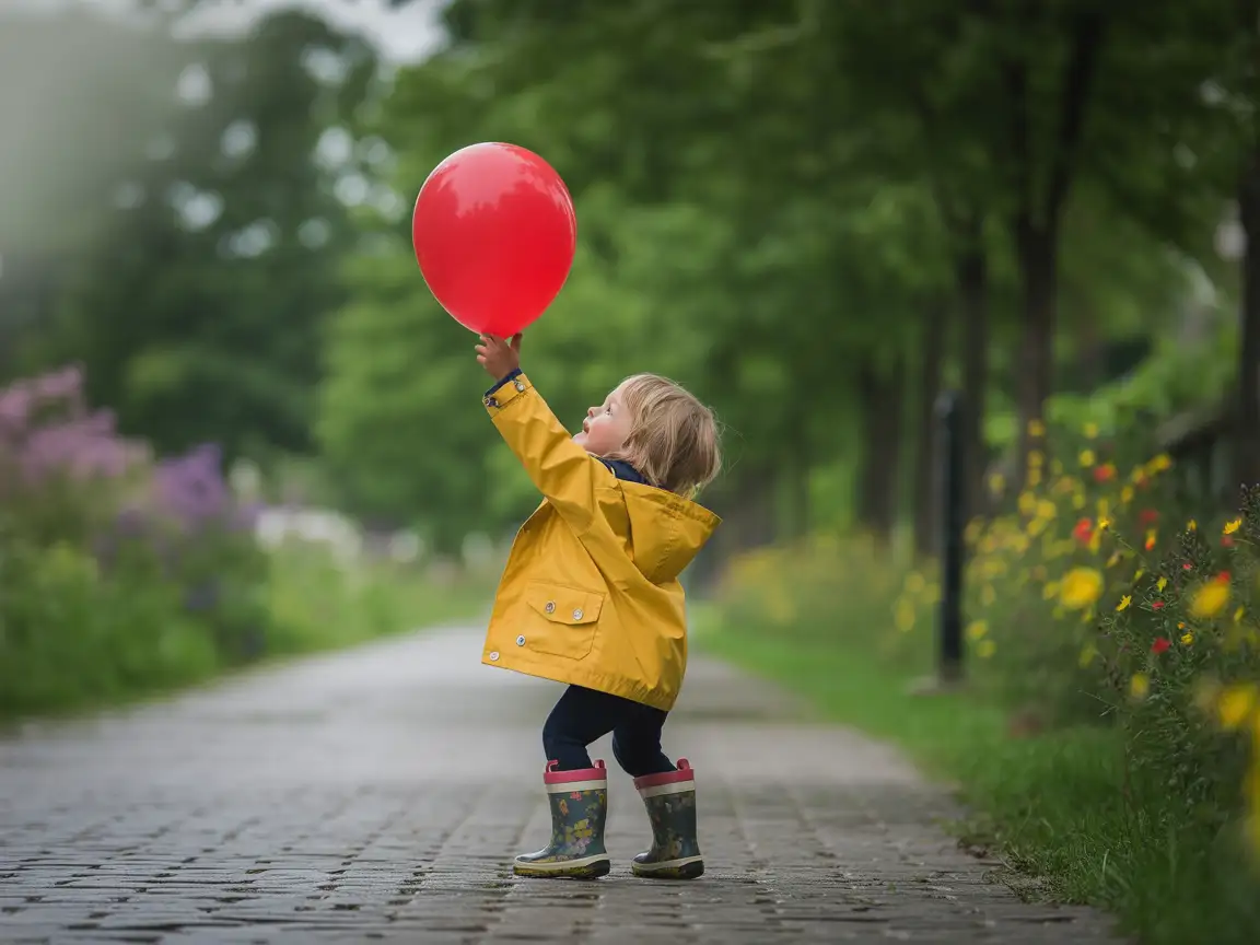 A child holding a balloon that has no shadow even in bright sunlight, realistic environment.