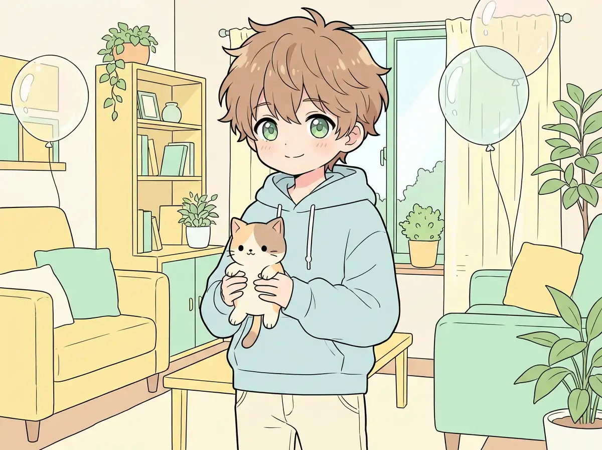 Cute anime boy character, youthful appearance, clean line art, pastel tones, charming expression, anime illustration style