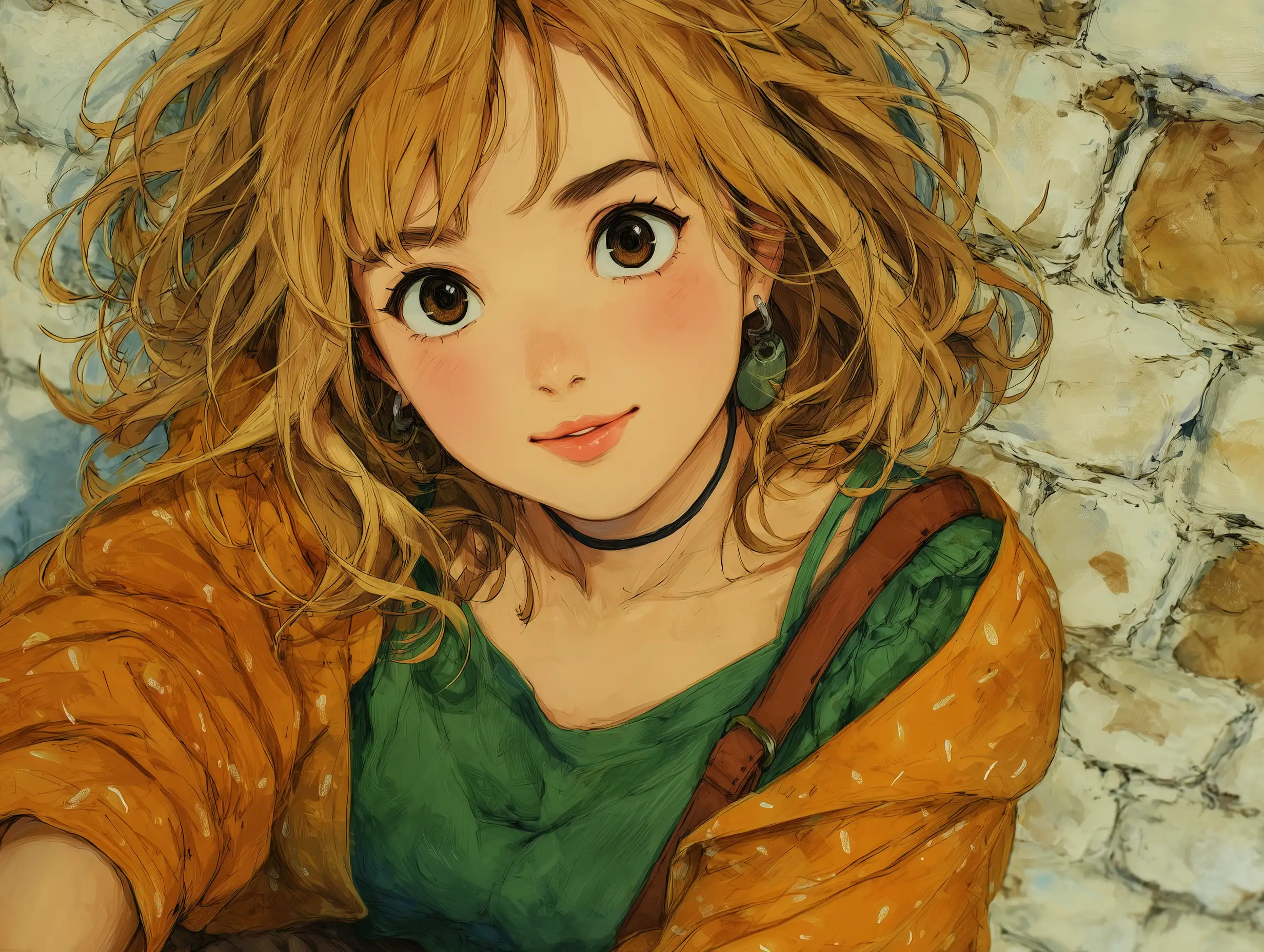 Cute anime girl character illustration, soft shading, warm color palette, friendly smile, hand-drawn anime style, high detail