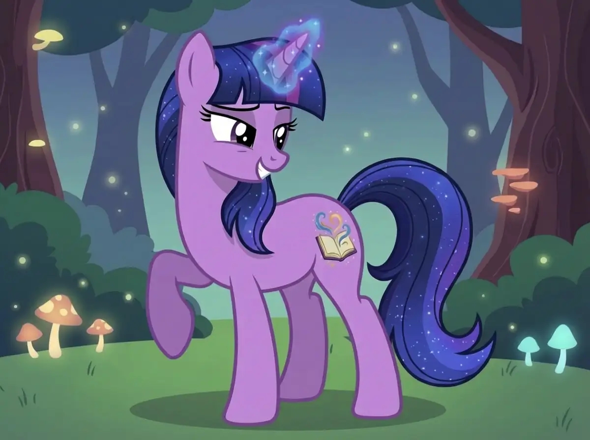 Friendship is Magic" style of a lavender unicorn with a shimmering dark blue mane and tail. Its horn is glowing with magical energy.