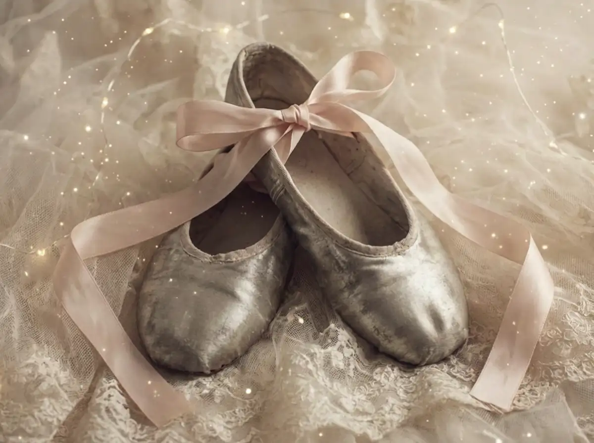 A pair of silver ballet slippers tied with a satin ribbon, elegant and delicate lines, soft aesthetic, magical sparkles. [Image]