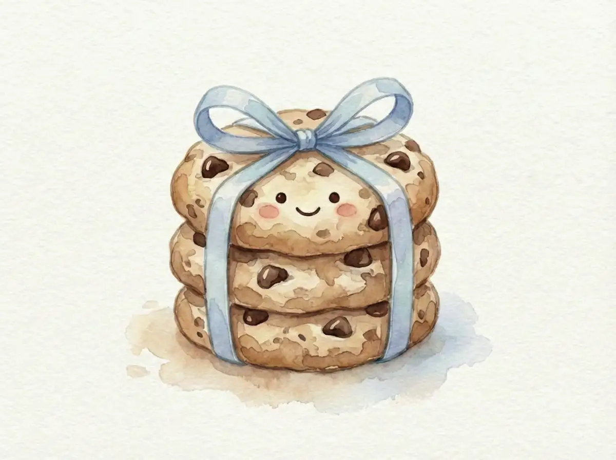A cute hand-drawn watercolor illustration of a stack of trzy chunky chocolate chip cookies tied together with a pastel blue ribbon. The top cookie has a little cheerful smiling face.