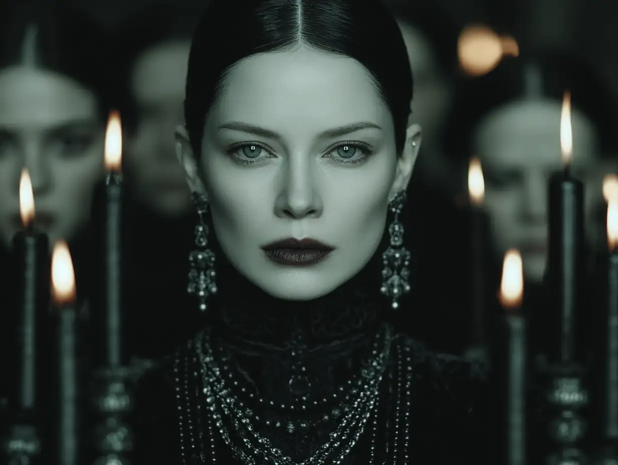 A mysterious gothic villain dressed in black velvet, sharp silver accessories, pale skin, piercing dark eyes, candlelit shadows, dramatic contrast, rich literary atmosphere