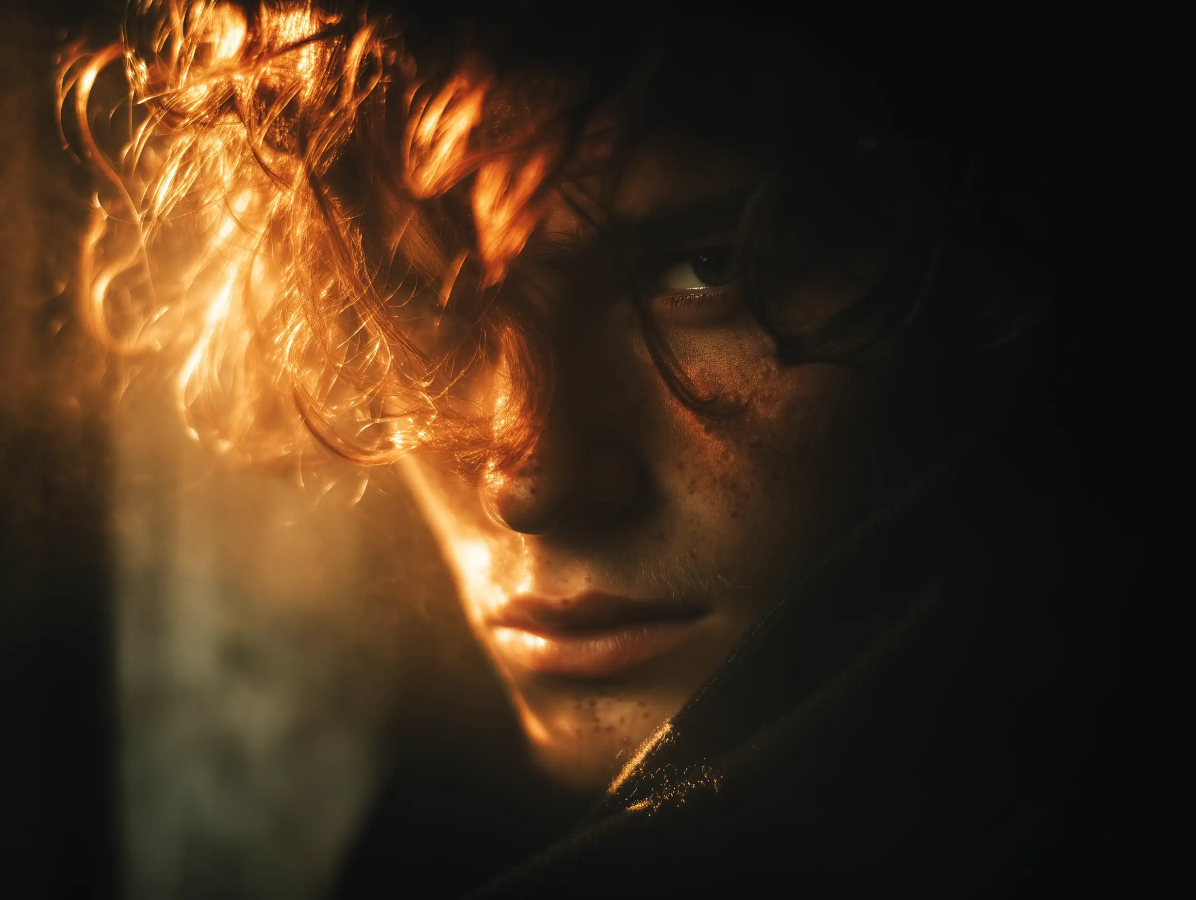 A gothic character standing in dim candlelight, half their face hidden in deep shadow, soft golden rim light, cracked stone background, subtle fog, ultra-moody lighting, high-contrast dark portrait