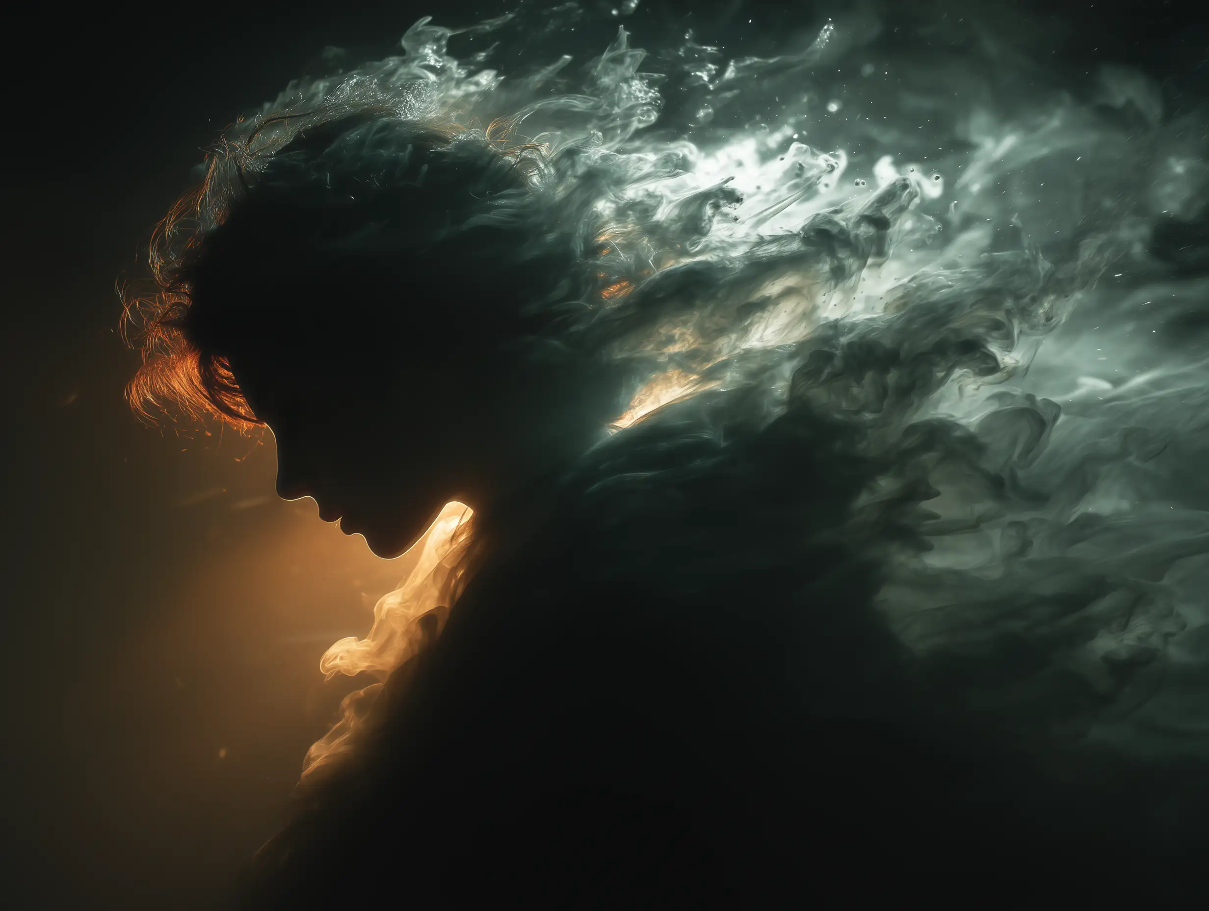 Human figure dissolving into swirling black smoke, distorted shadows bending around the body, surreal psychological atmosphere, low-key lighting