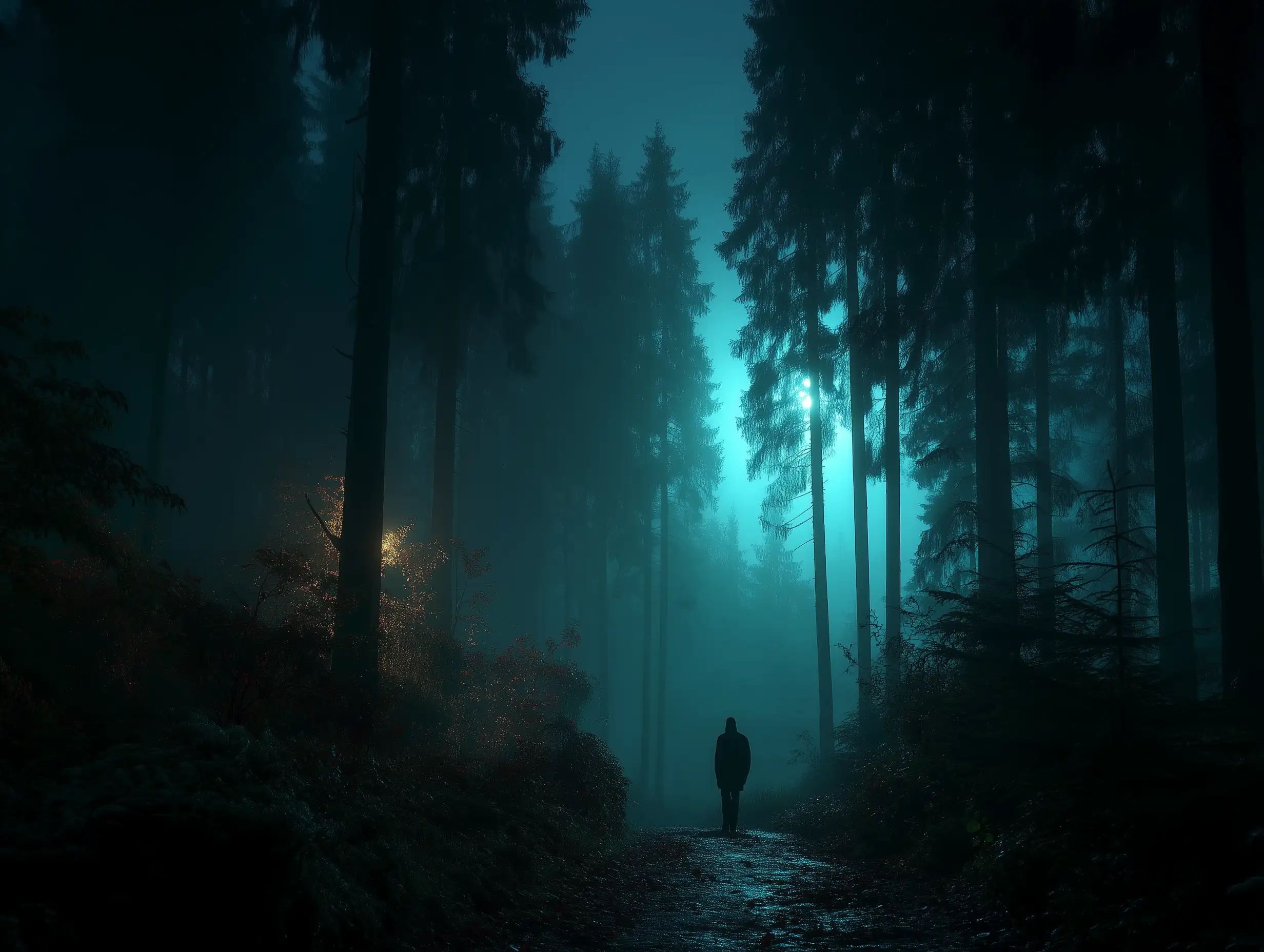 A lone silhouette walking through a fog-heavy forest at night, moonlight diffused through thick mist, tall trees forming dark shapes, atmospheric cold tone, mysterious cinematic mood 