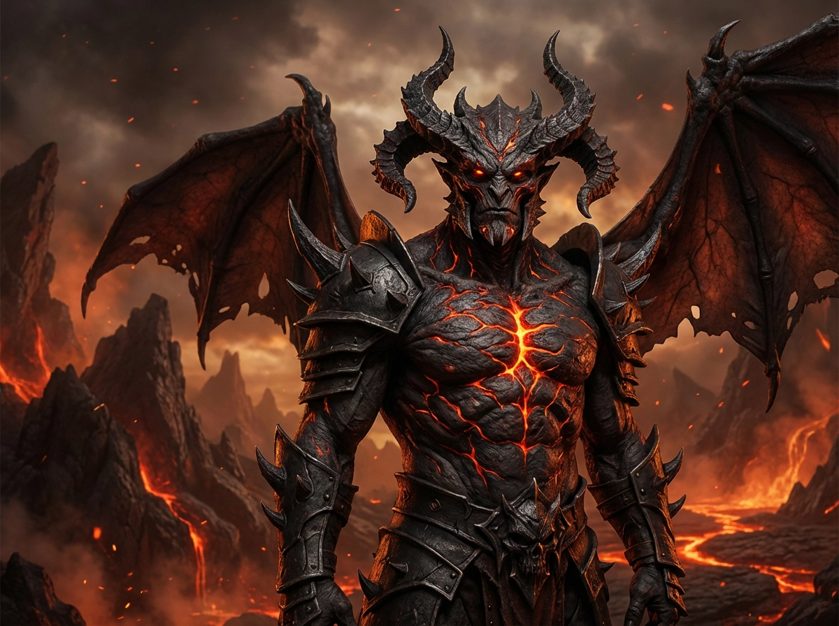 High-detail portrait of a powerful demon lord with obsidian horns, glowing lava-like cracks on skin, massive tattered bat wings, standing in a hellish landscape, cinematic lighting, dark fantasy art style, 8k. 