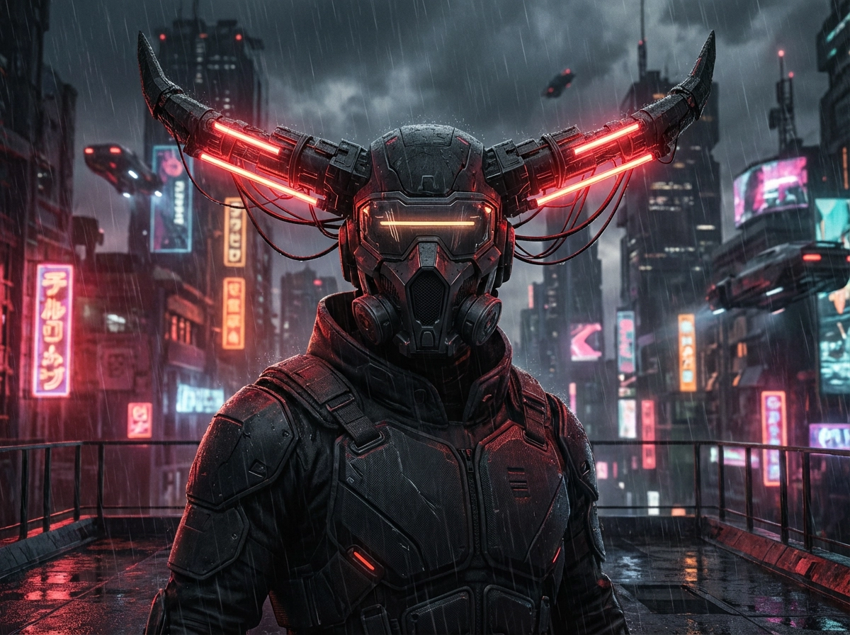 Cyberpunk demon with mechanical horns and glowing neon circuits, wearing a high-tech tactical mask, rainy futuristic city background, vibrant red and black aesthetic.