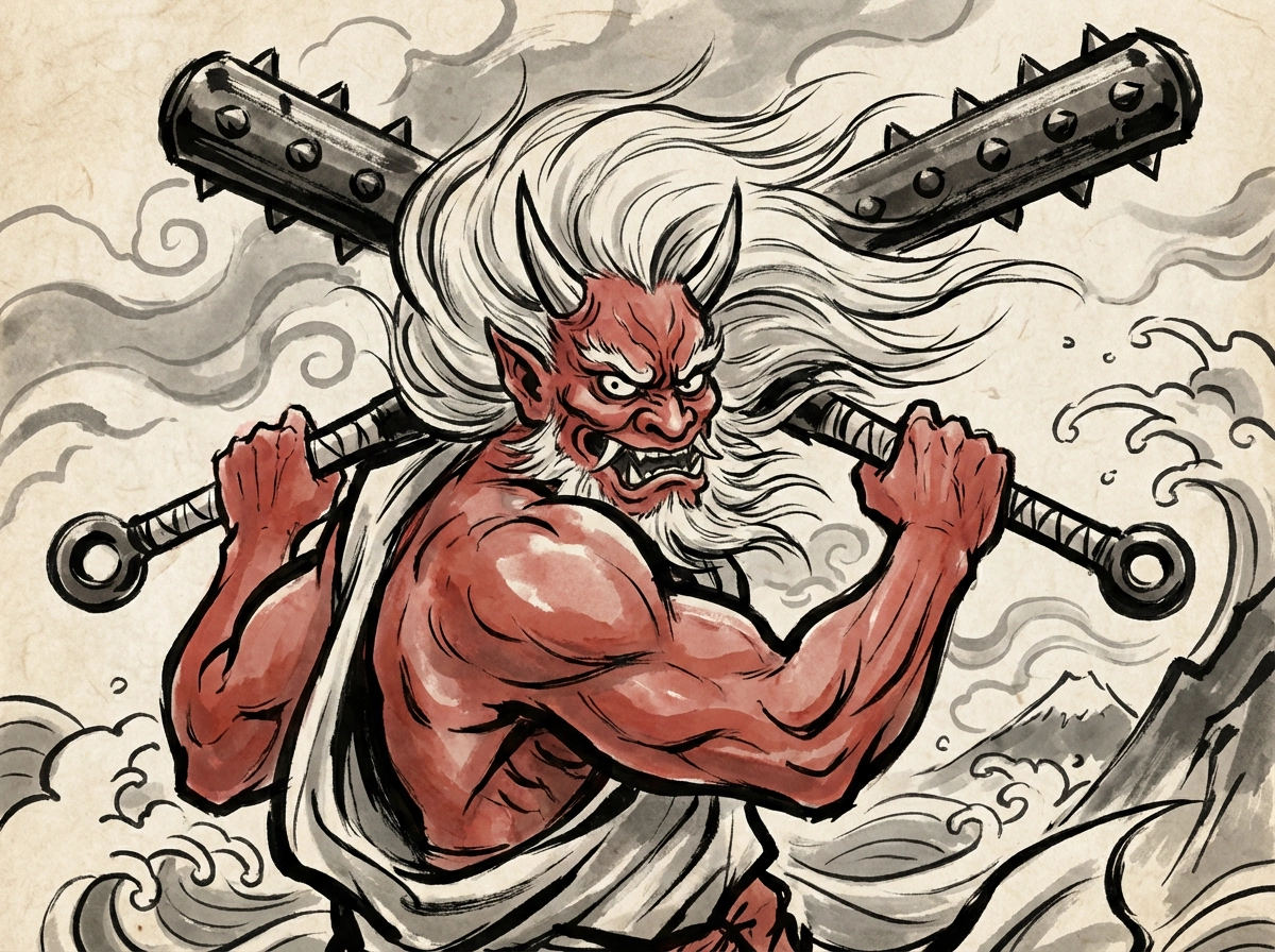 Stylized ink sketch of a Japanese Oni demon, traditional red skin, wild white hair, holding a giant iron club, ukiyo-e inspired art style, bold lines.