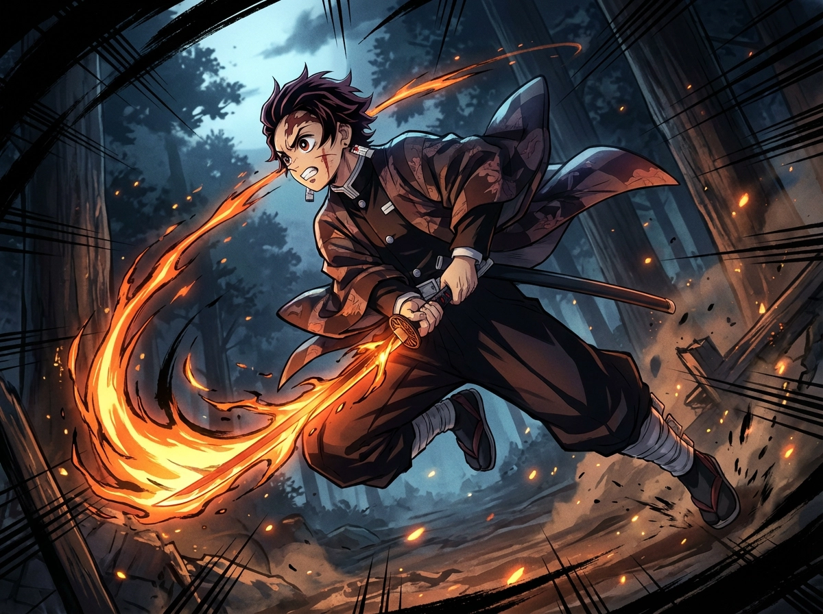Demon Slayer–style swordsman, dynamic action pose, katana with glowing blade, dramatic lighting, intense anime atmosphere, high‑detail anime illustration
