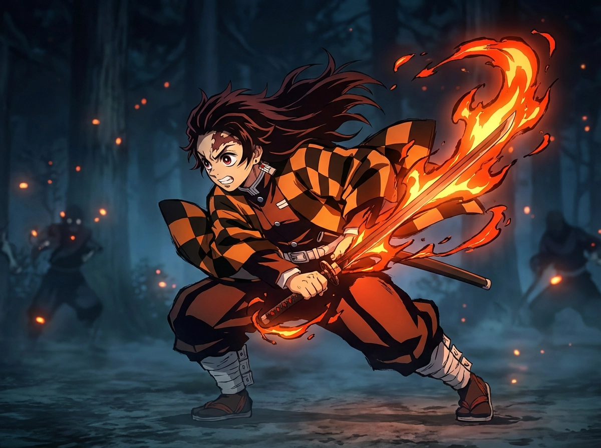 Demon Slayer–style fire breathing swordsman, flame‑wrapped katana, intense battle pose, dark background, cinematic anime illustration