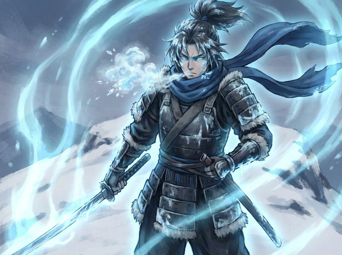 Ice breathing anime warrior, cold blue aura, frost effects, calm yet deadly expression, detailed anime art