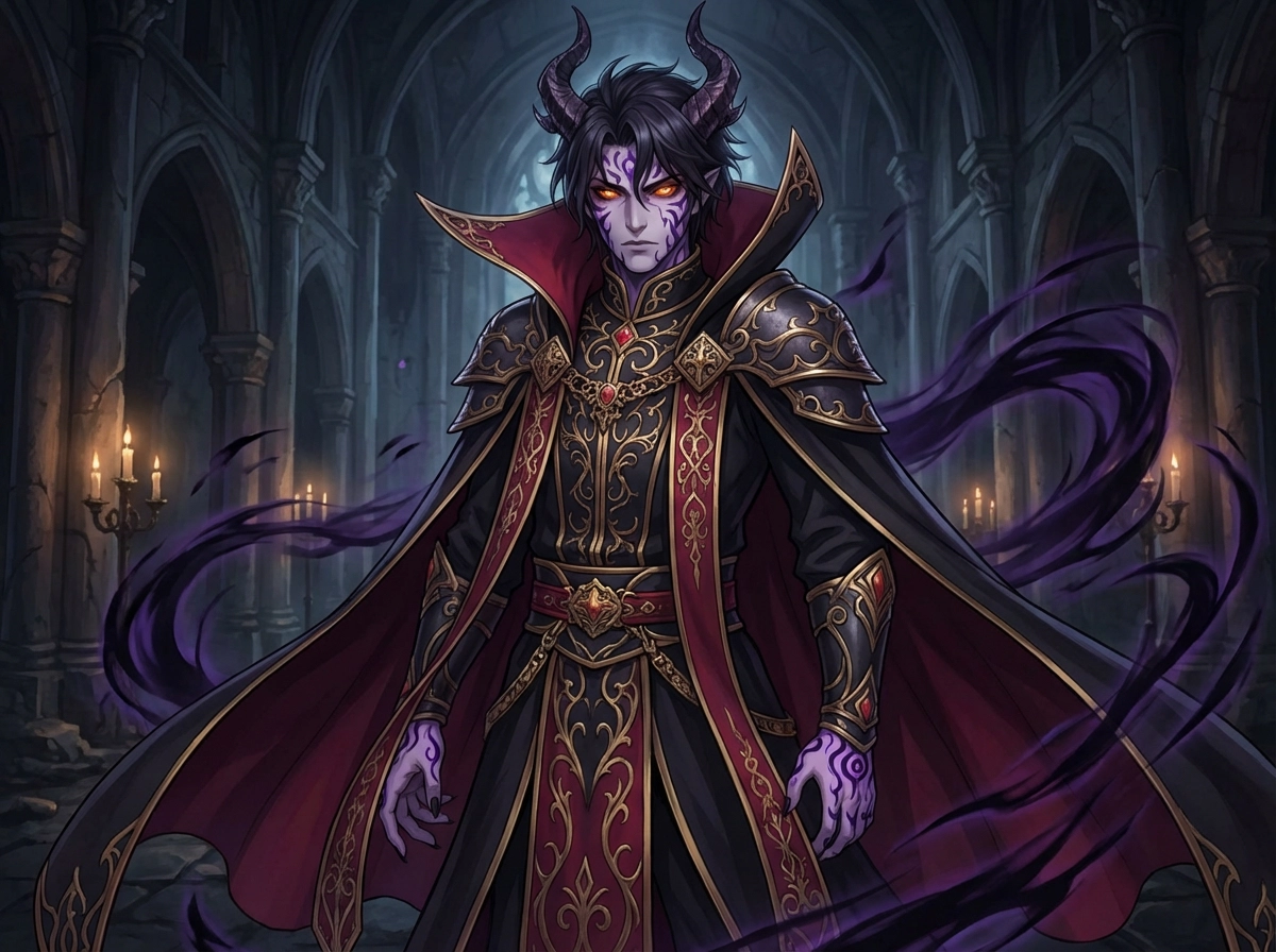 Upper‑rank demon inspired character, ornate clothing, glowing eyes, supernatural markings, dark fantasy anime style