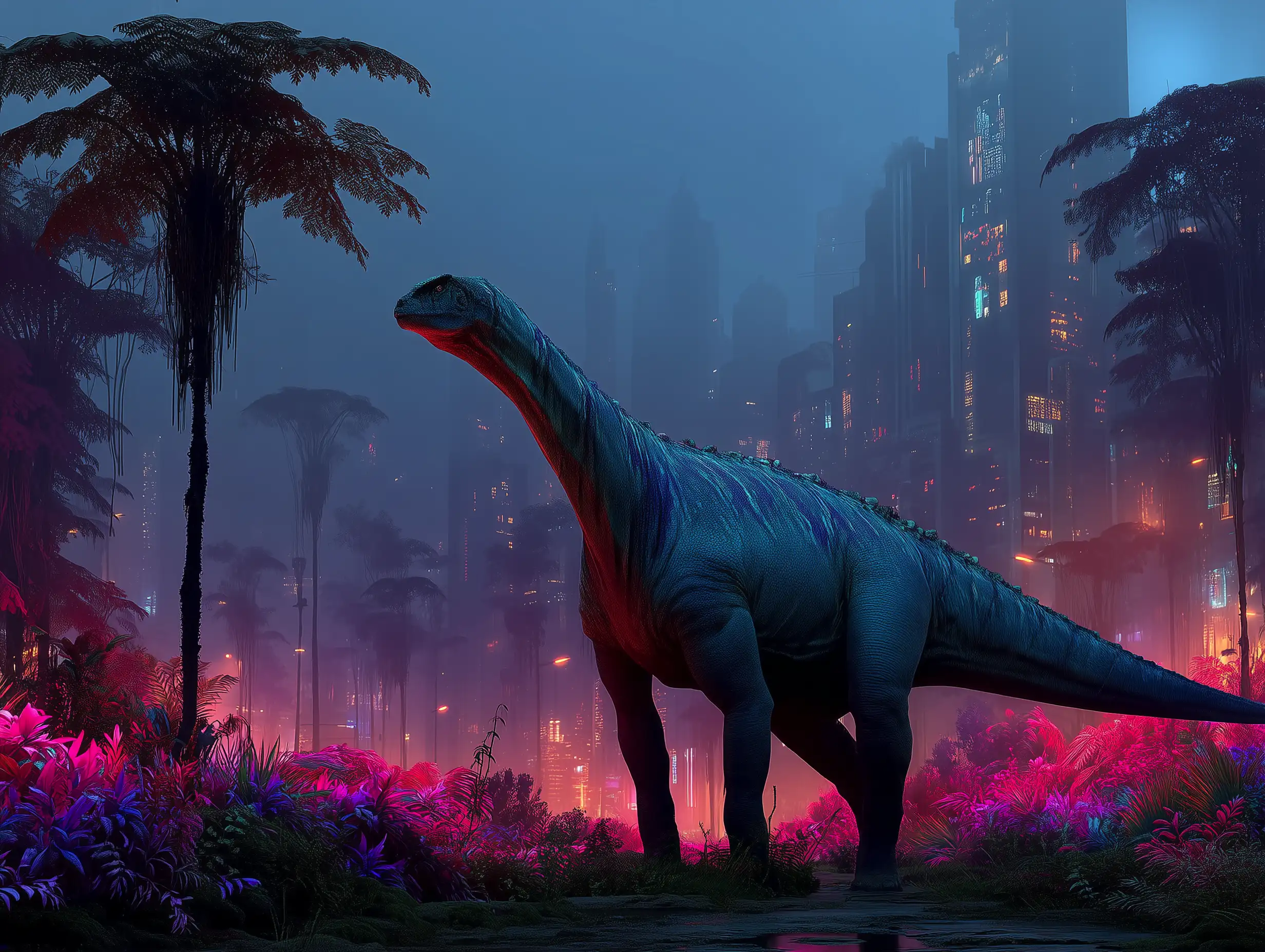 Futuristic dinosaur standing in glowing neon jungle, cyberpunk lighting, purple-blue palette, tech atmosphere
