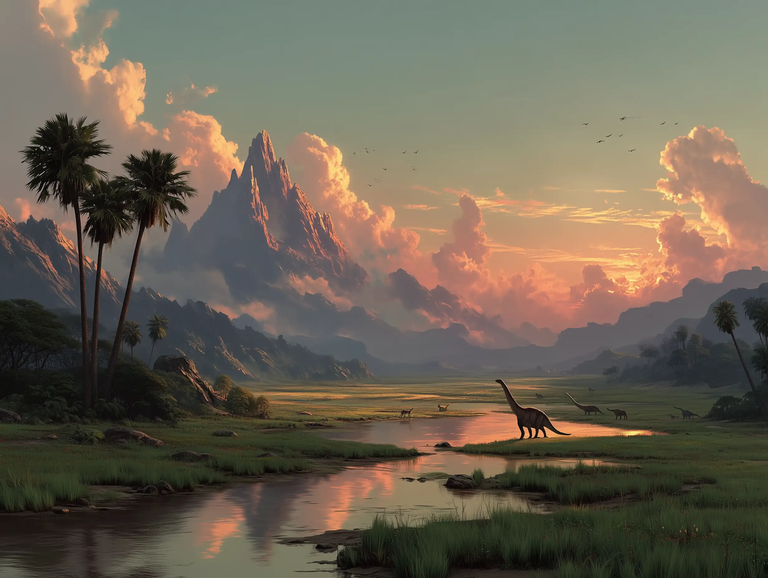 Wide prehistoric valley with multiple dinosaurs grazing, distant volcano smoke, warm sunset glow, painterly cinematic look