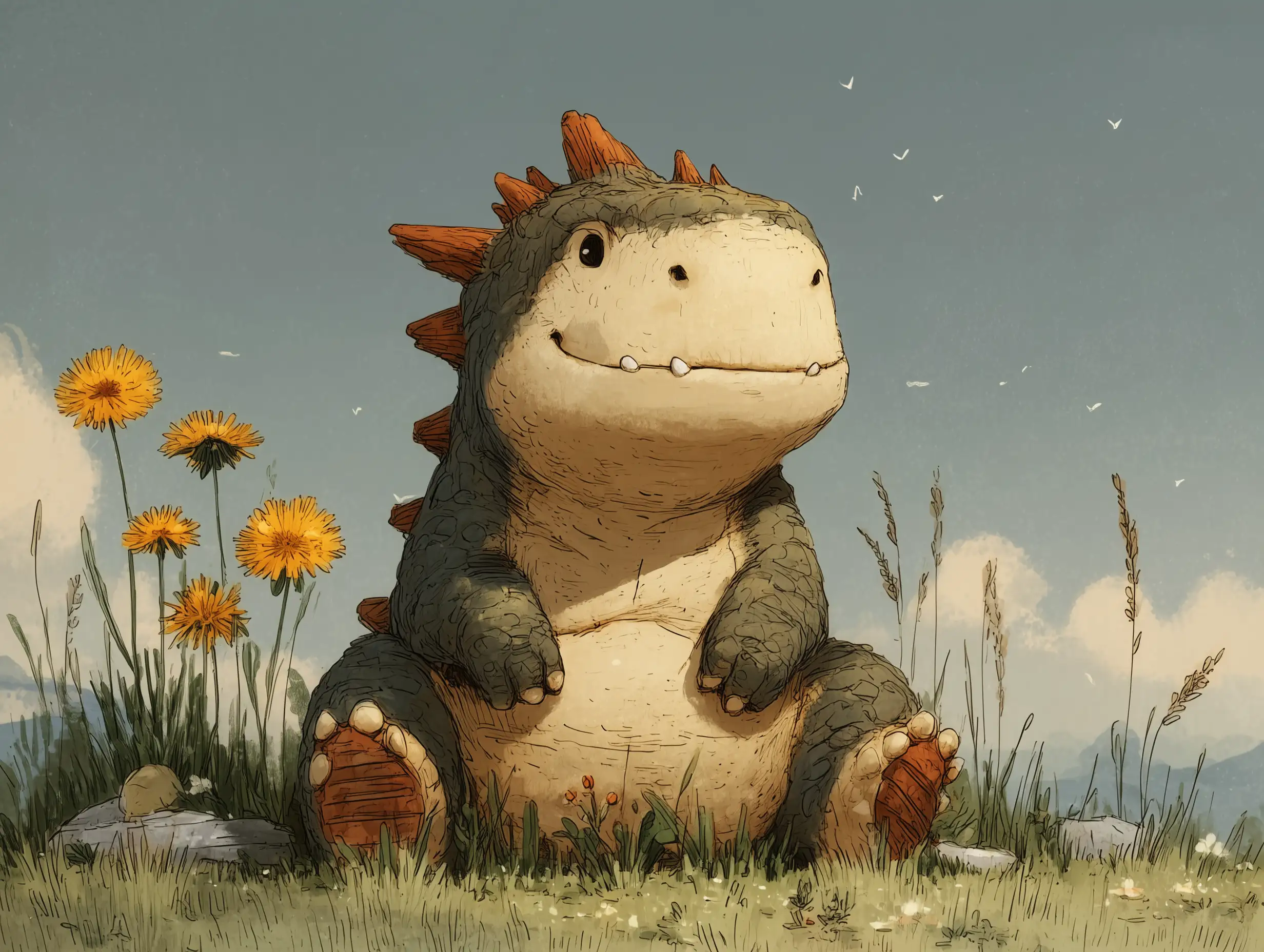 Cute baby dinosaur smiling in a pastel-colored meadow, soft outlines, children-friendly illustration, clean bright sky, gentle shading