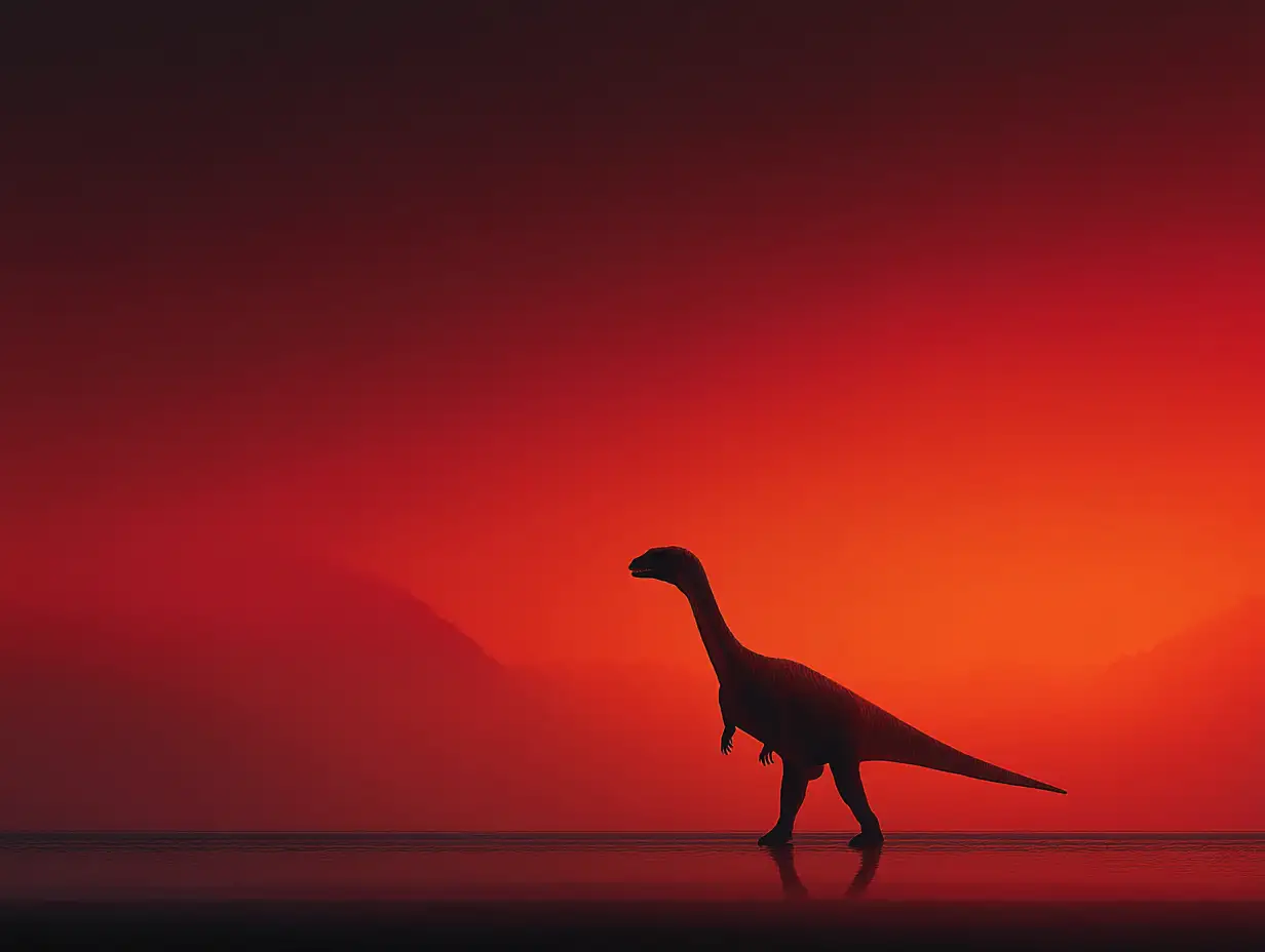 Minimalist dinosaur silhouette against a gradient sky, clean shapes, aesthetic flat-design style, elegant contrast
