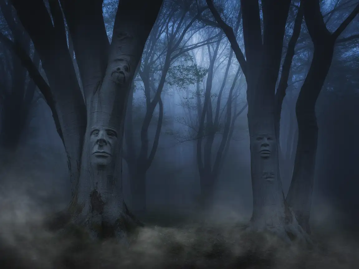 A foggy forest at night, twisted trees with faces subtly visible in the bark, pale moonlight.