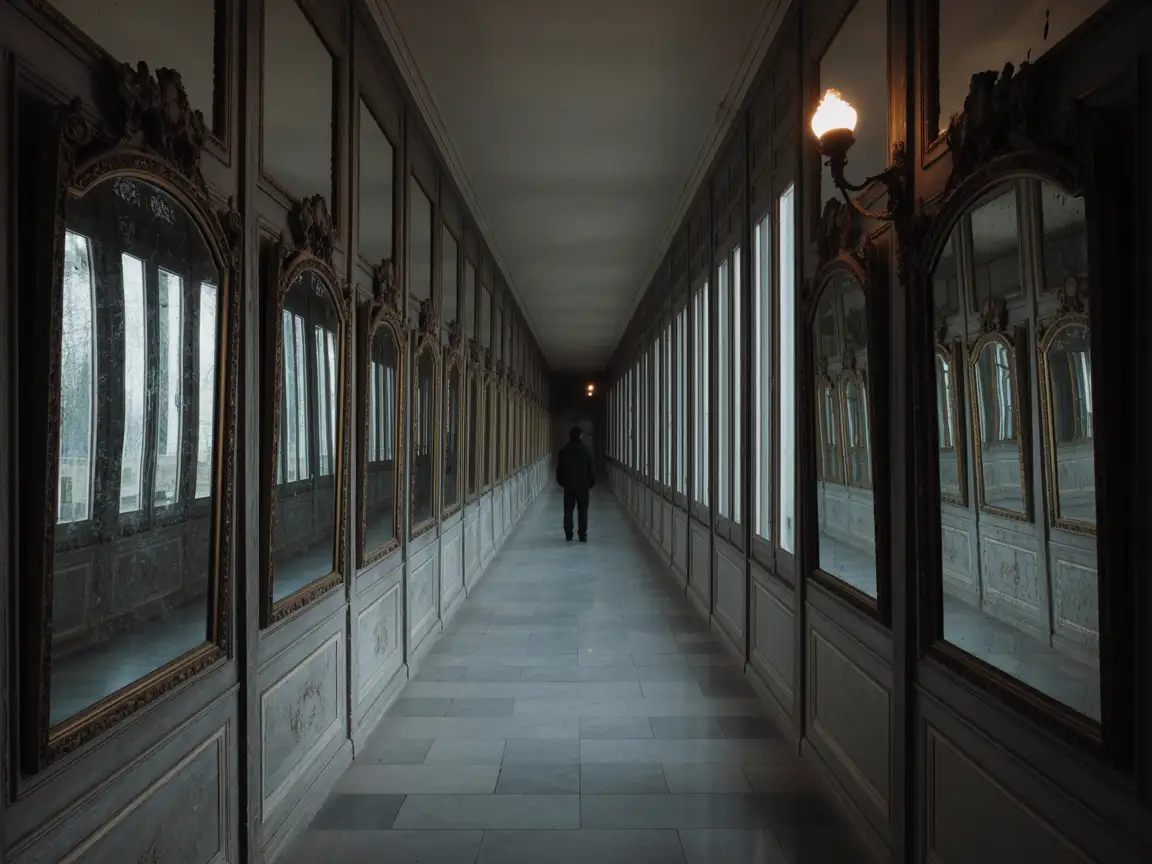 A long, narrow corridor with mirrors reflecting distorted versions of yourself, dim ambient light.