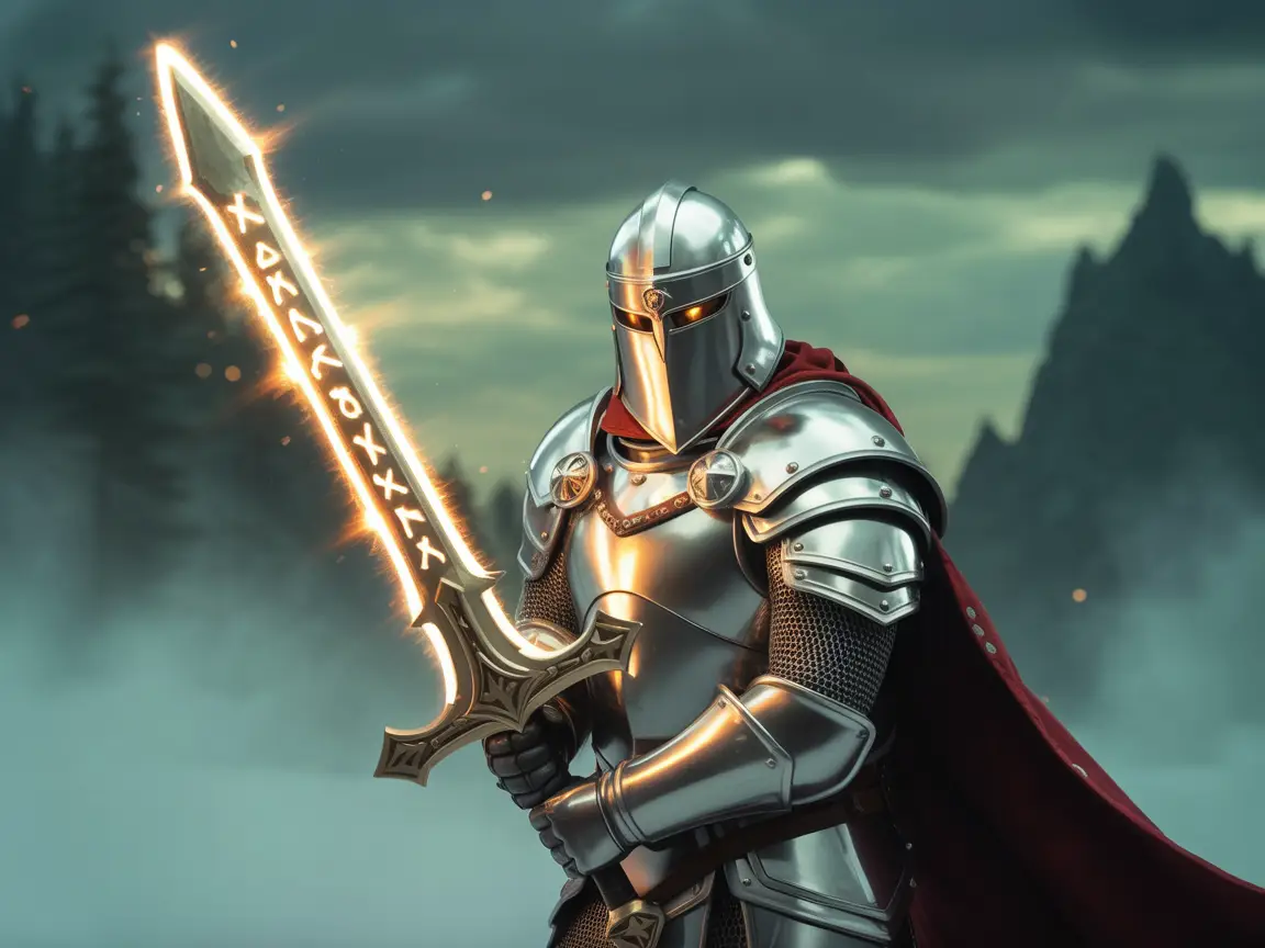 A brave human paladin in shining silver armor, holding a glowing sword with holy runes, standing proudly against a misty background.