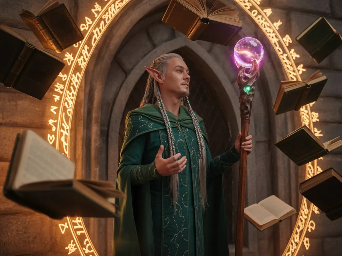 A noble elven mage surrounded by floating books and magical sigils, light radiating from their staff.