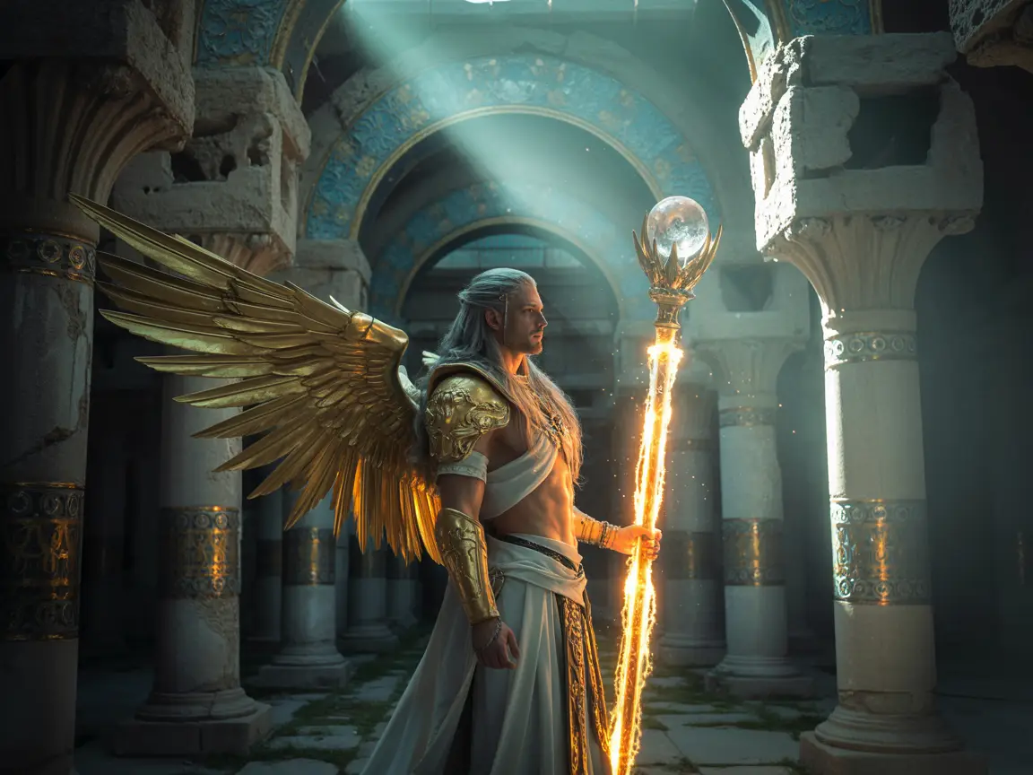 A celestial cleric surrounded by golden wings and divine light, holding a radiant staff.