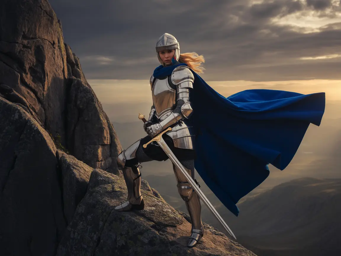 A female knight in polished armor with a royal blue cape, standing ready with her longsword.