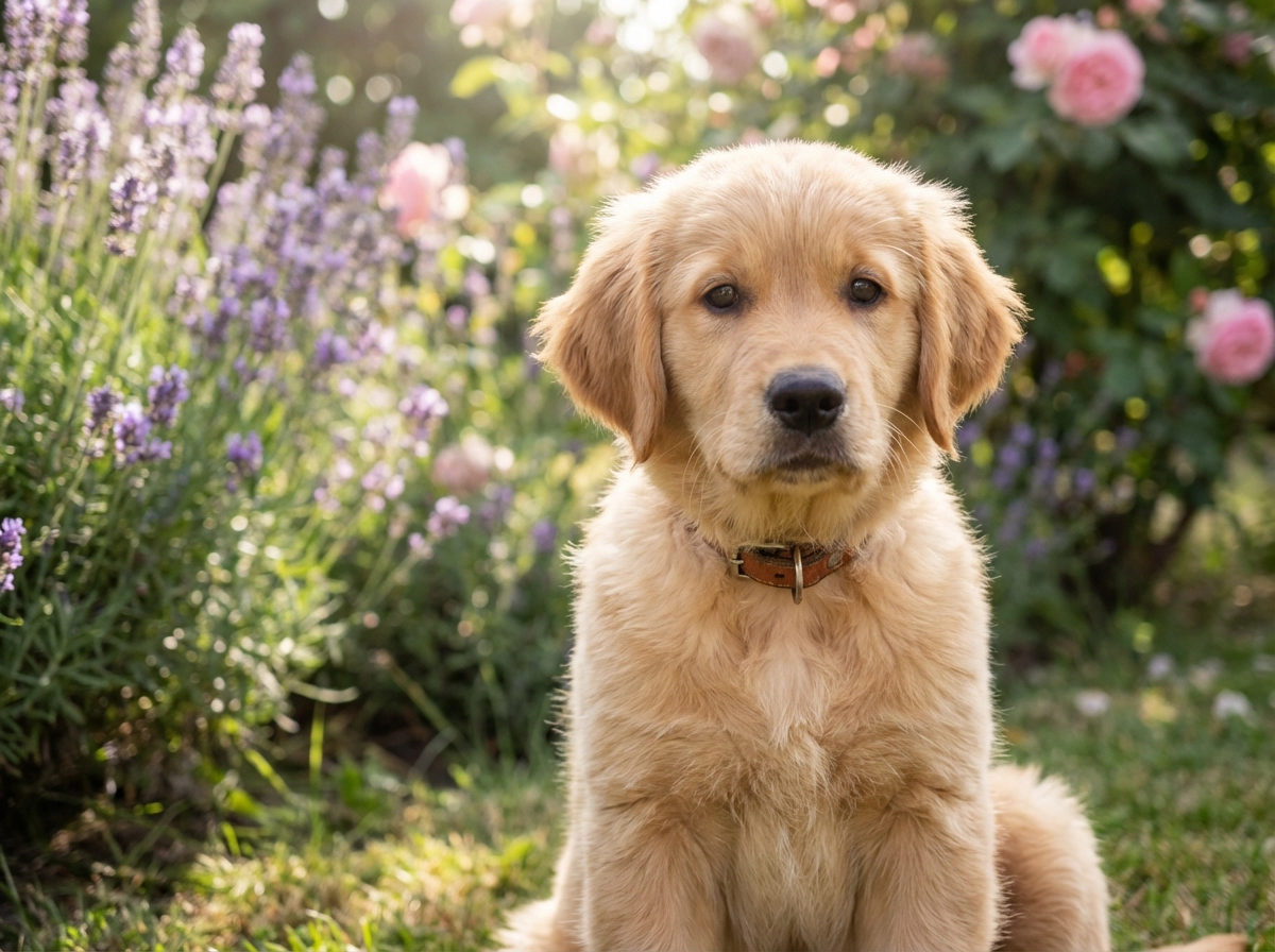 Hyper-realistic photo of a Golden Retriever puppy sitting in a sunlit garden, soft golden fur texture, expressive brown eyes, blurred floral background, 8k resolution, professional pet photography. 
