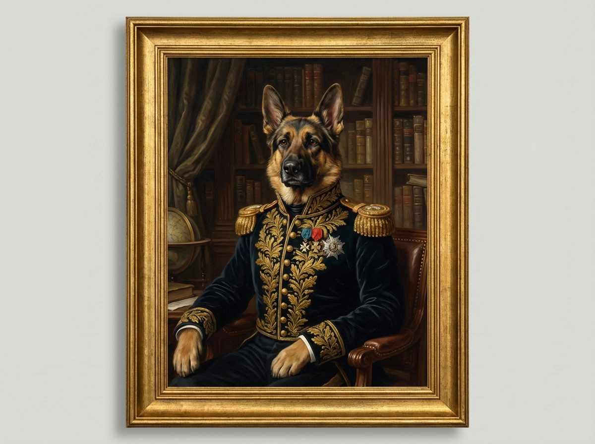 Artistic oil painting of a noble German Shepherd in a vintage royal uniform, gold embroidery, dark moody library background, classical portrait style.