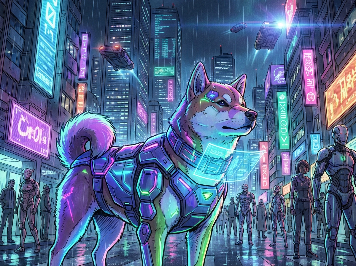 Cyberpunk Shiba Inu with neon-glowing collar, futuristic Tokyo street background at night, vibrant colors, cinematic lighting, sci-fi anime aesthetic.