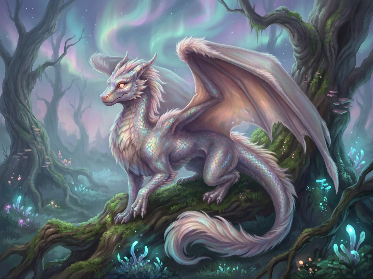 A fantasy "Dragon-Dog" hybrid, soft scales mixed with fur, majestic wings, glowing eyes, sitting in an enchanted forest, dreamlike digital art.