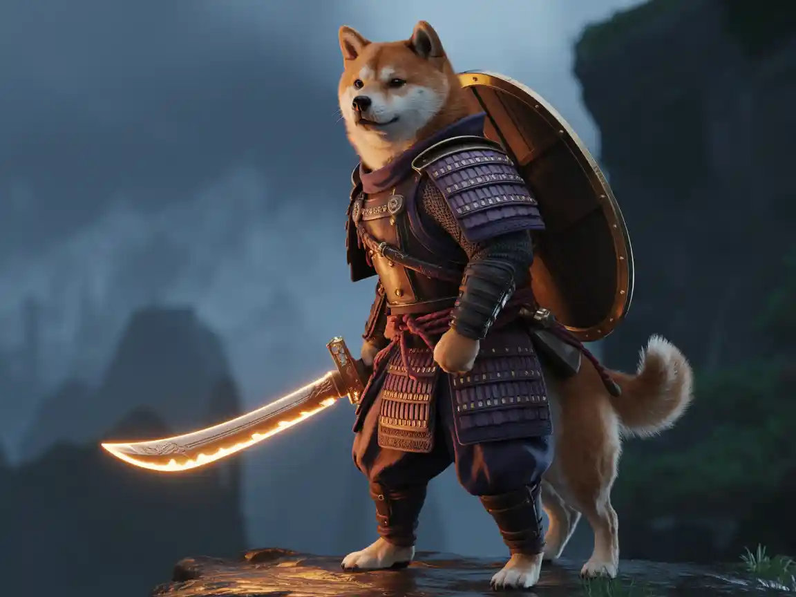 A majestic Shiba Inu warrior standing on a misty cliff, wearing intricate samurai armor with a glowing blade strapped to its side and a sturdy wooden shield on its back, cinematic lighting, hyper-realistic fur textures, epic fantasy atmosphere.