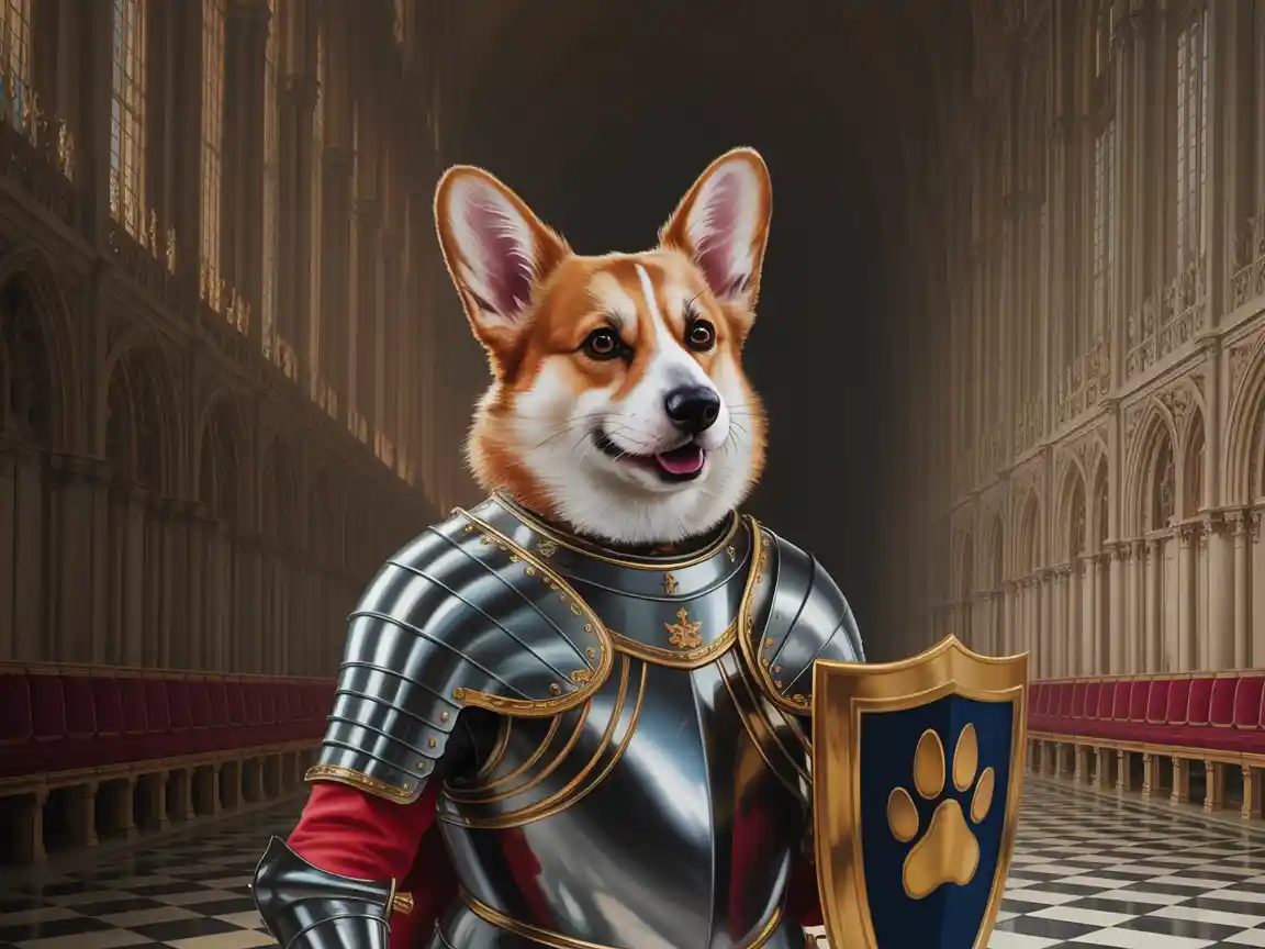 Dramatic black and white photography of a stray dog hero, scarred leather armor, heavy shield, rainy street background, noir lighting.