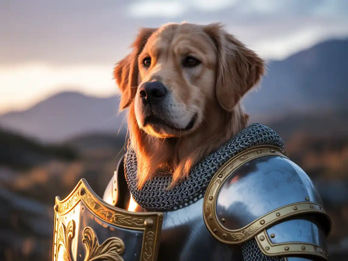 Close-up portrait of a Golden Retriever knight, wearing silver plated armor with gold filigree, holding a legendary glowing shield, soft sunset lighting, heroic expression, highly detailed armor engravings, 8k resolution.