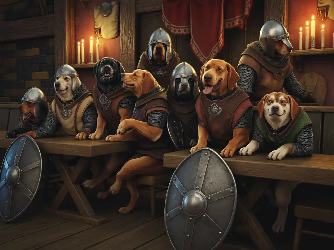 A group of warrior dogs in a medieval tavern, different breeds in leather and iron armor, shields resting against tables, warm candlelight, cozy but adventurous mood, digital art style, intricate environment details.