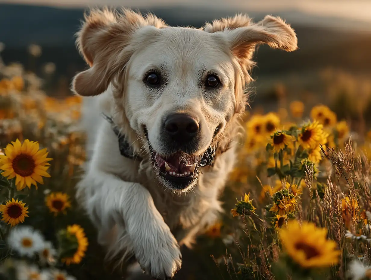 Golden retriever running through a sunflower field, golden-hour lighting, soft-focus background