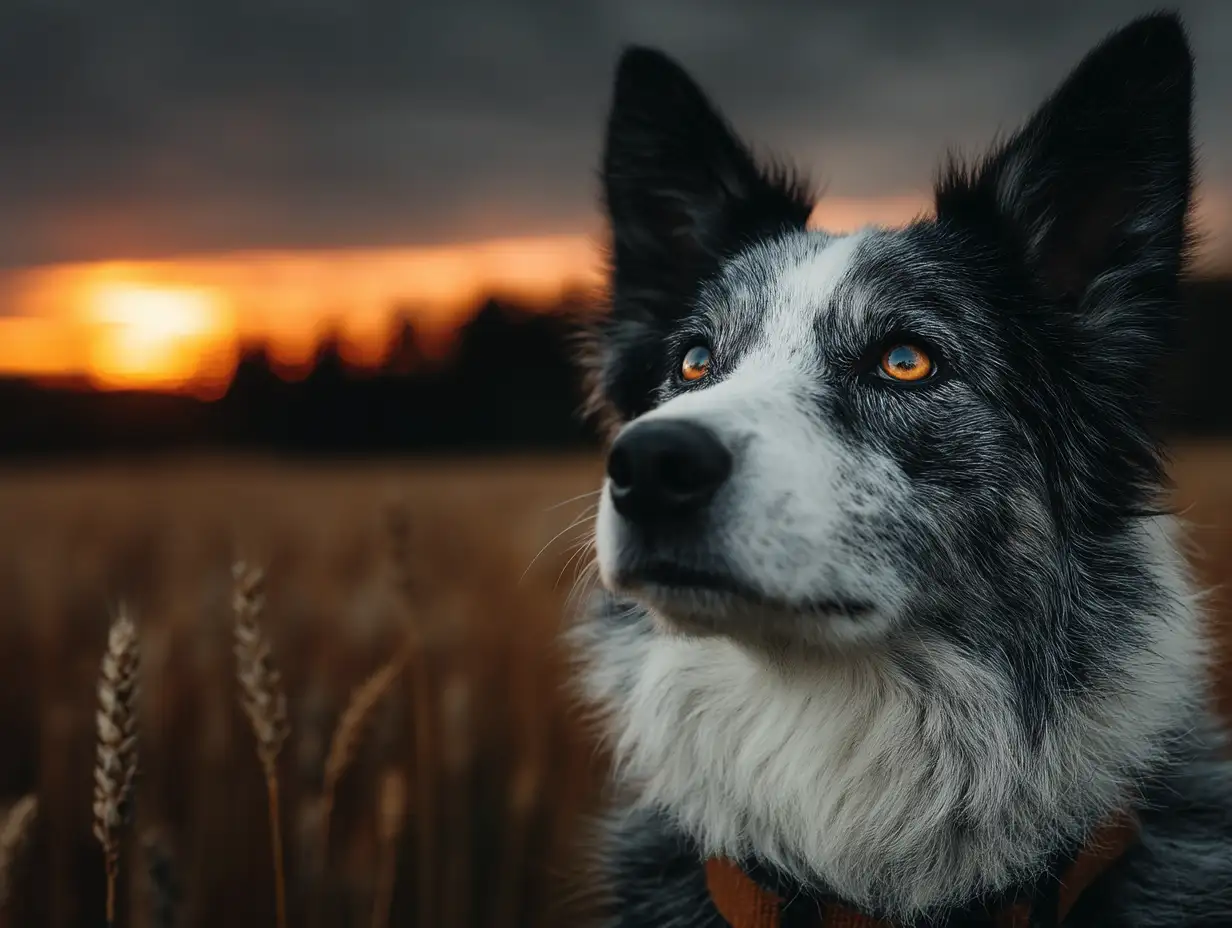 Border Collie standing in wheat field at sunset, golden hour rays, painterly style, nostalgic mood