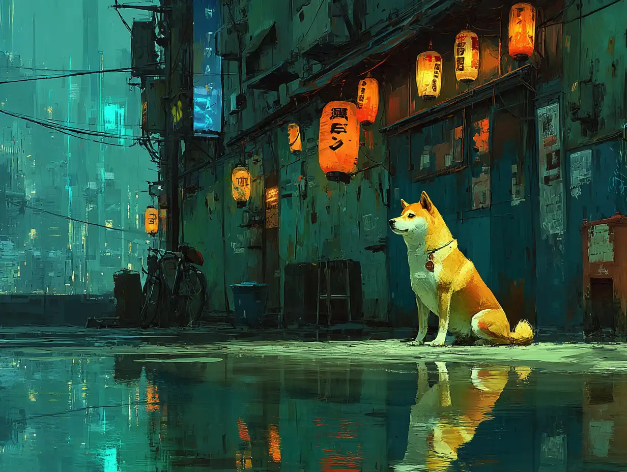 Cyberpunk Shiba Inu under glowing neon lights, reflections on wet pavement, futuristic city backdrop