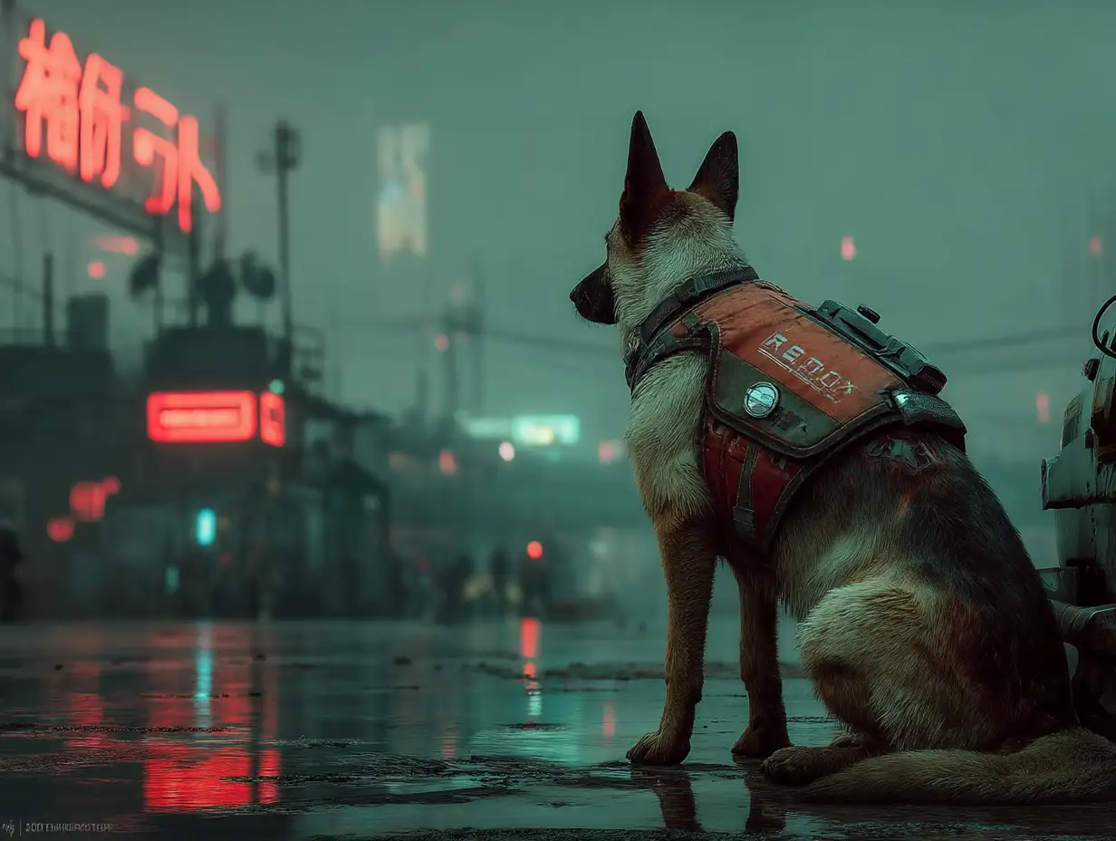 German shepherd in cyberpunk city, neon lights reflection, futuristic armor