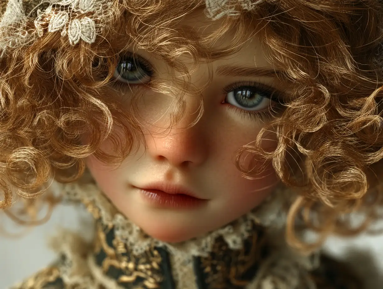 Porcelain doll with glassy blue eyes, soft curls, and lace Victorian dress, lit by golden window light, cinematic realism, shallow depth