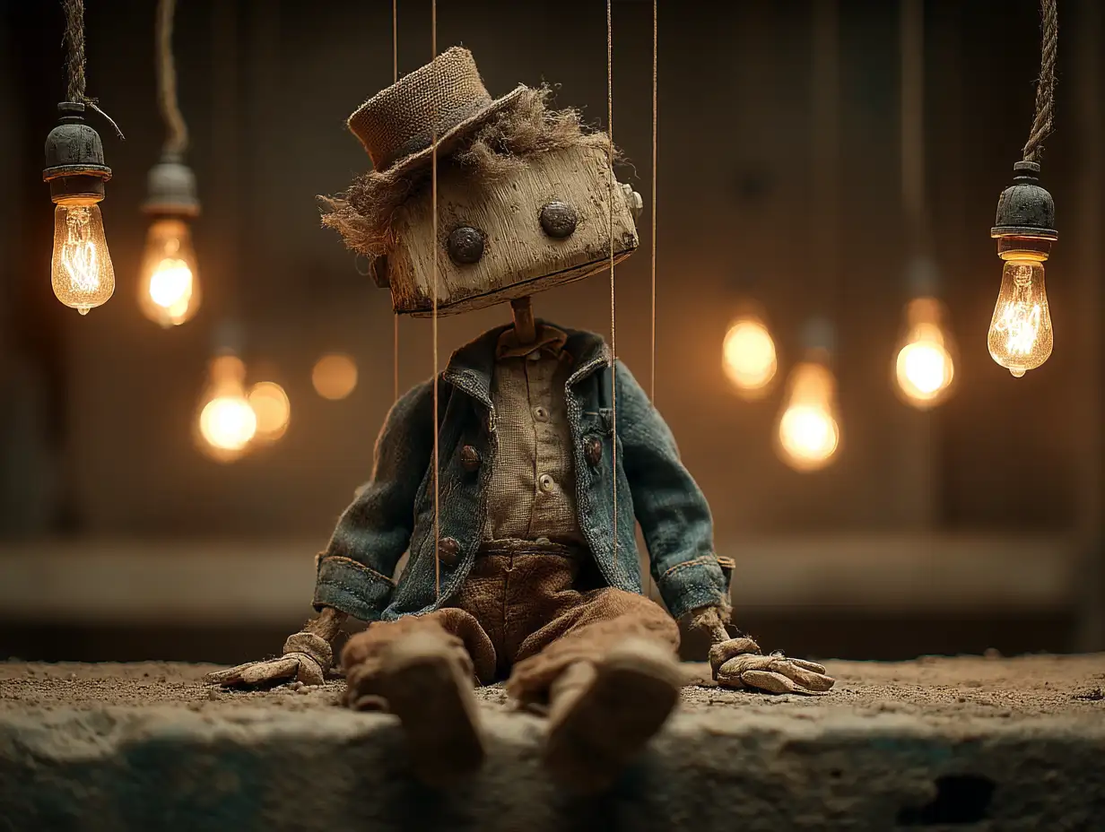 Hand-carved wooden puppet doll with visible strings, warm stage lighting, nostalgic storytelling tone