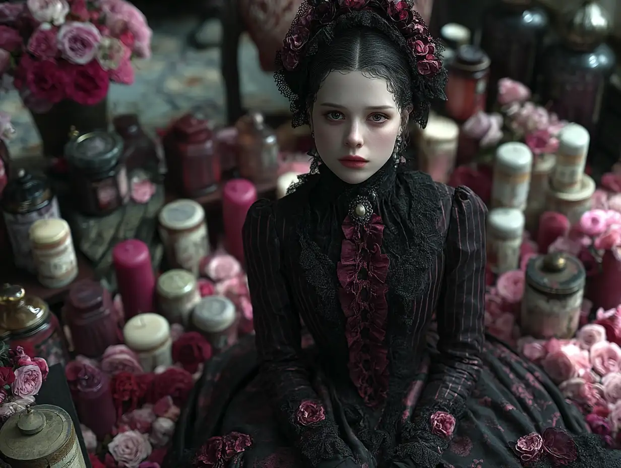 Pale-faced gothic doll with dark velvet dress, roses and candles around, mysterious ambience, cinematic realism