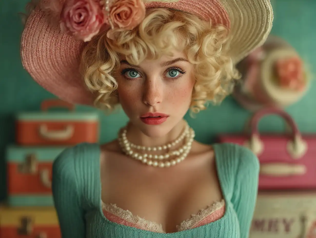 Elegant 1950s-inspired doll with pearl necklace, pastel dress, and hatbox background, soft retro photography tone